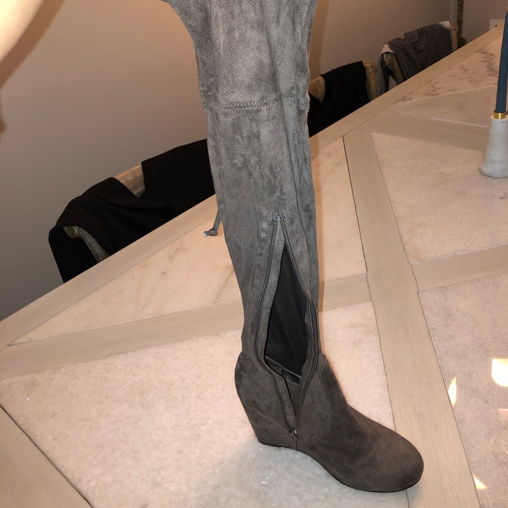 Suede gray over the knee wedges boots